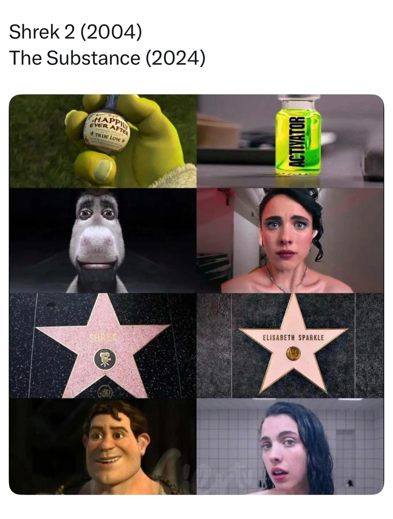 A brilliant meme dump grid draws side-by-side cinematic parallels between the animated feature Shrek 2 (2004) and the body-horror thriller The Substance (2024). The four-row comparison matches iconic plot beats: holding a glowing neon transformation vial, a character staring into the camera with wide-eyed terror, a name revealed on a pink Hollywood Walk of Fame star, and a mirror reflection showing a dramatically altered, physically idealized version of the main character.