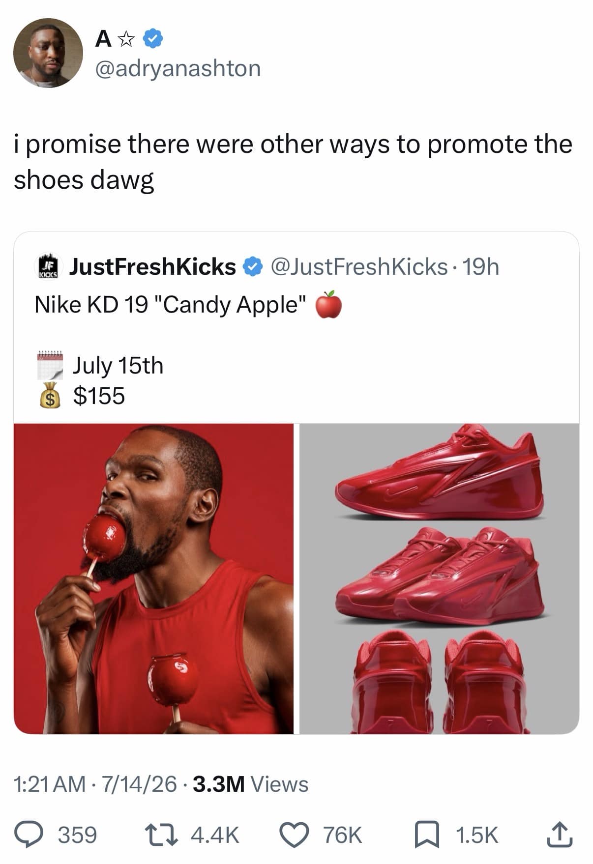 A hilarious meme dump post showcasing NBA star Kevin Durant biting into a glossy red candy apple to market his matching high-shine Nike KD 19 sneakers.