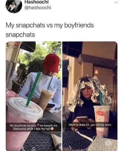 Closing out the batch, this lifestyle meme dump features a split-screen perspective comparison titled "My snapchats vs my boyfriends snapchats." The left side shows a standard photo of a boyfriend buying coffee, while the right side shows a candid photo of the girlfriend sitting under an aluminum foil hair dye wrap, captioned by her partner as: "Went to Area 51, got me my alien."