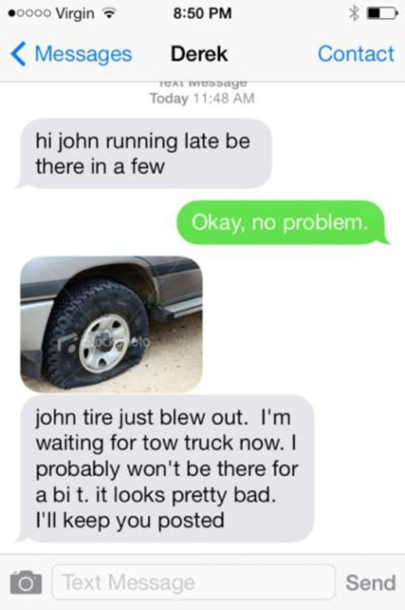 An excuse-making text fail in this meme dump captures a contact named Derek sending a watermarked stock photo of a flat tire to explain why he'll be late.