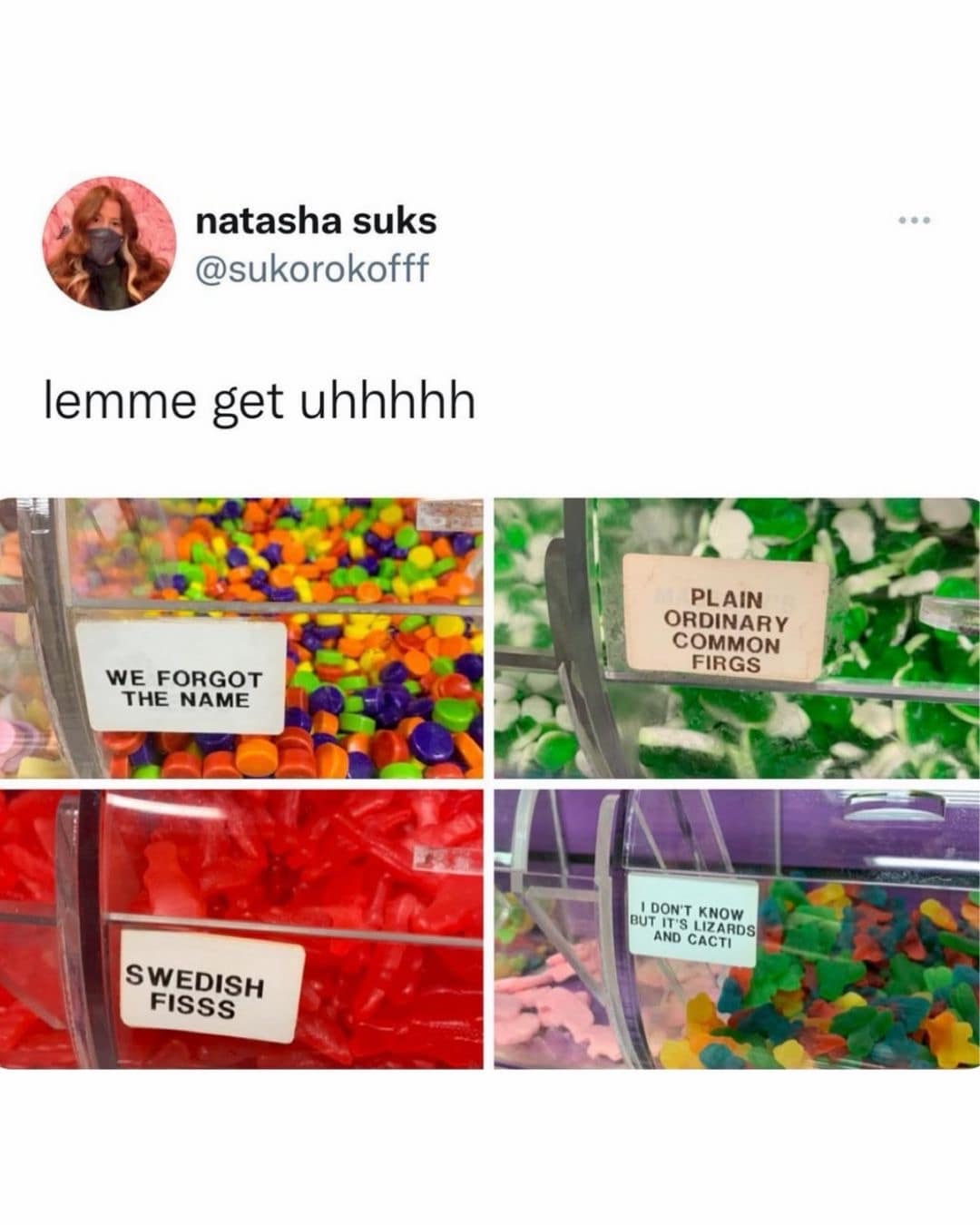 A candy shop layout in the meme dump featuring bulk bins with hilariously confused labels like "WE FORGOT THE NAME", "SWEDISH FISSS", and "PLAIN ORDINARY COMMON FIRGS."