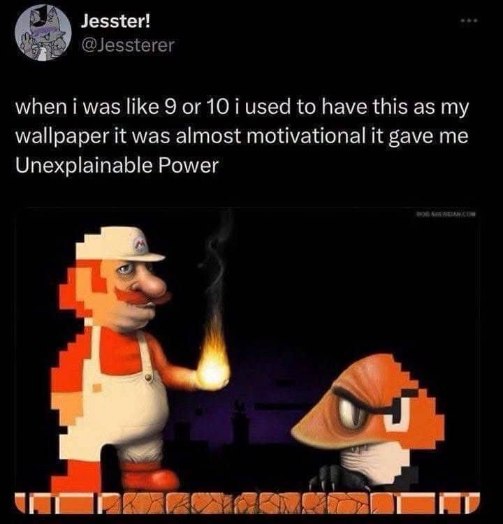 Tweet about a realistic retro pixel art image of Fire Mario facing a detailed Goomba.