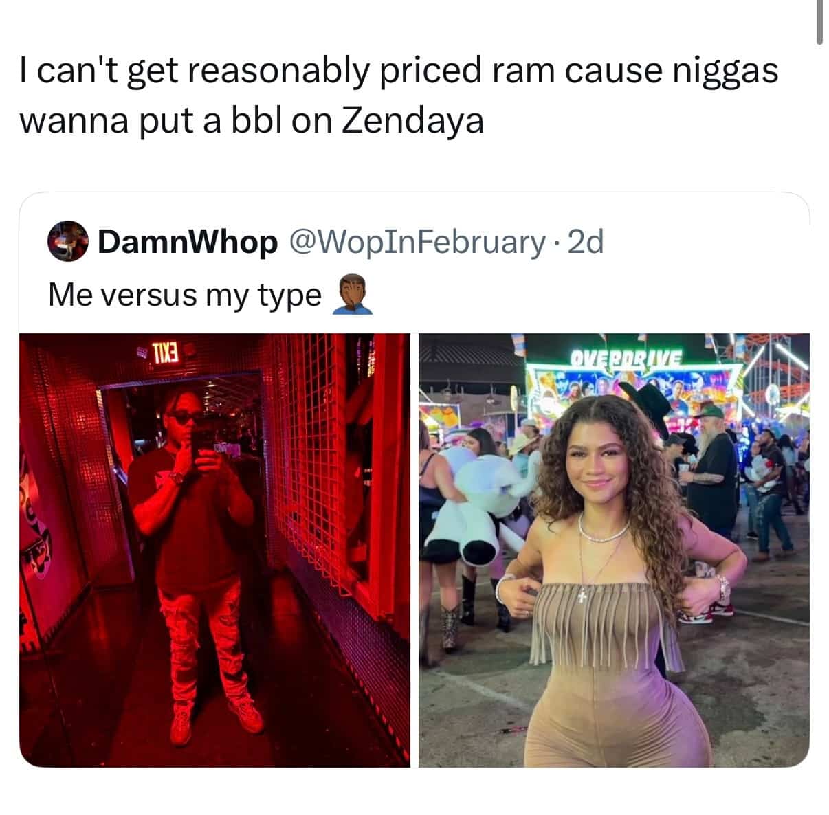 Funny meme joking about computer RAM prices being high because of an edited photo of Zendaya.
