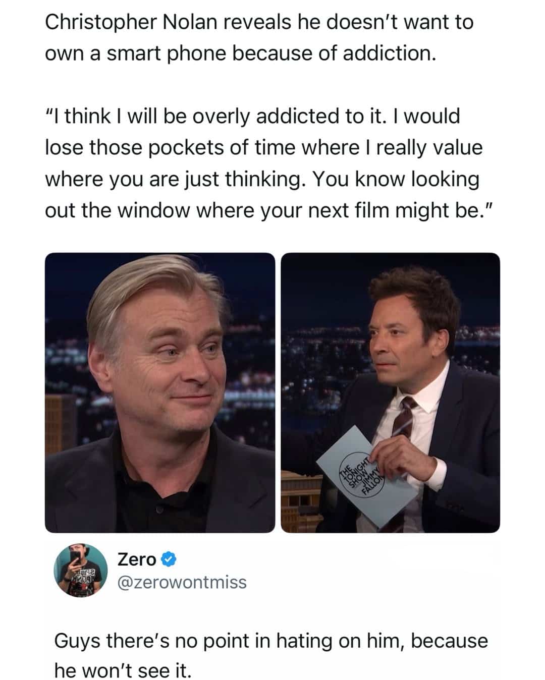 Funny Christopher Nolan interview meme about smartphone addiction with joke he cannot see online hate.