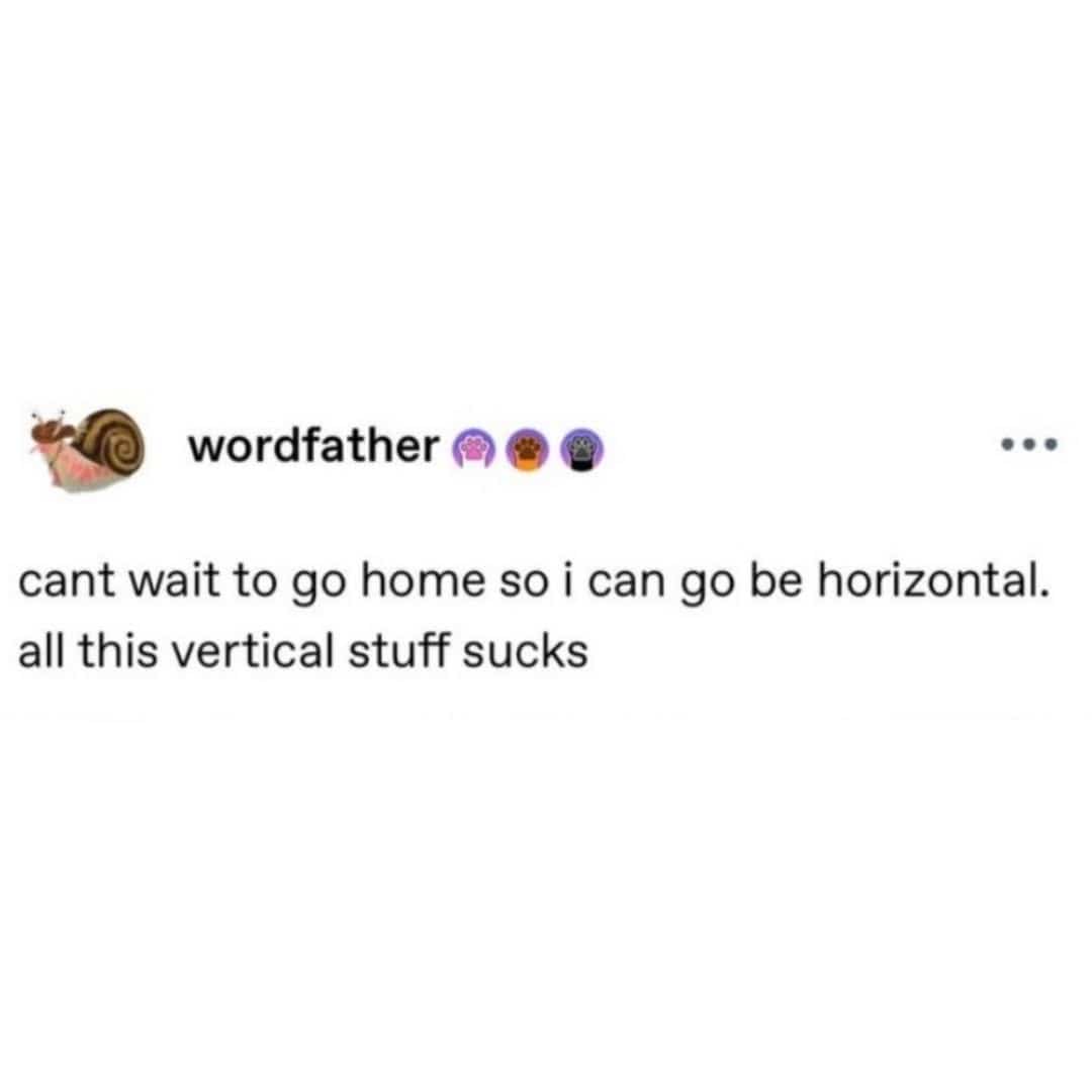 Social media post text meme about wanting to lie horizontal after working vertically all day.