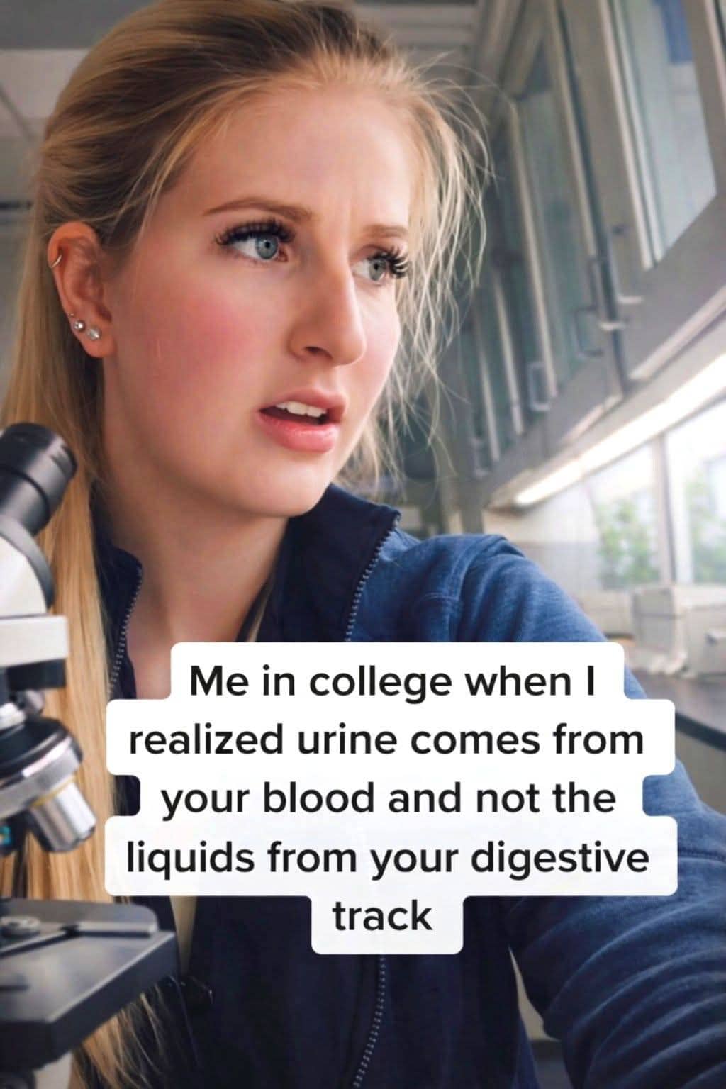 Blonde woman in a lab looking confused next to a microscope with a biology joke caption.