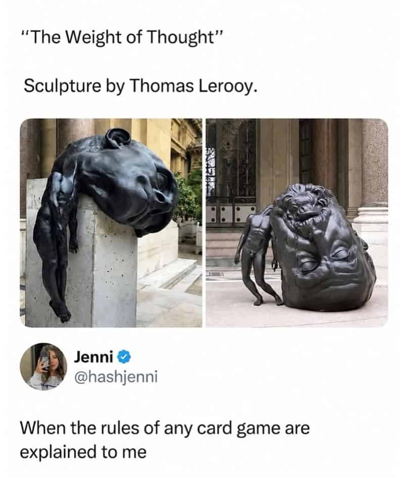 Photos of a burdened sculpture with a caption about explaining the rules of card games.