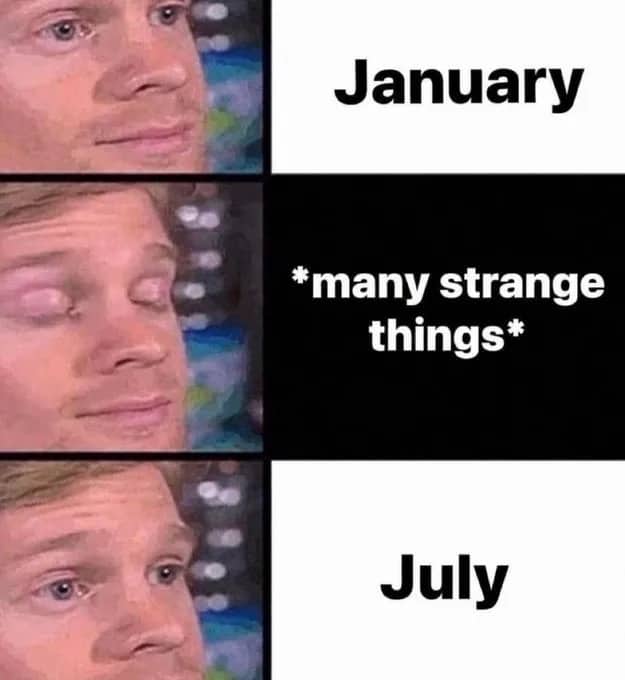 Blinking guy meme format depicting how quickly time flies from January to July.