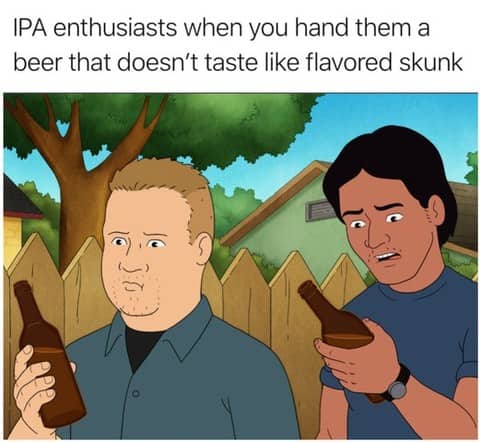 Animated characters from King of the Hill looking confused while holding beer bottles with IPA joke.