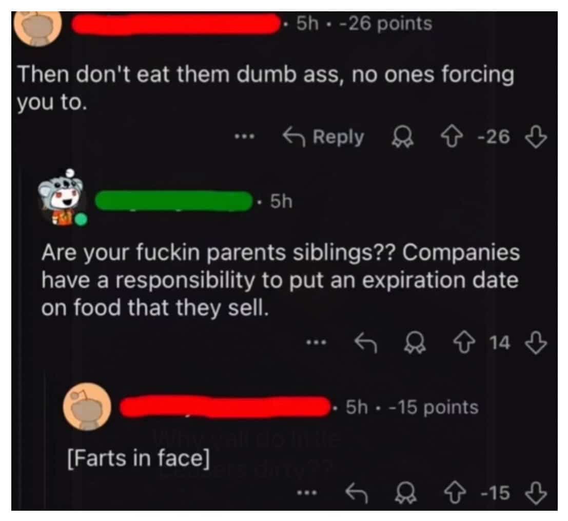 Funny memes thread showing a hostile Reddit comment argument ending with a bizarre written insult.
