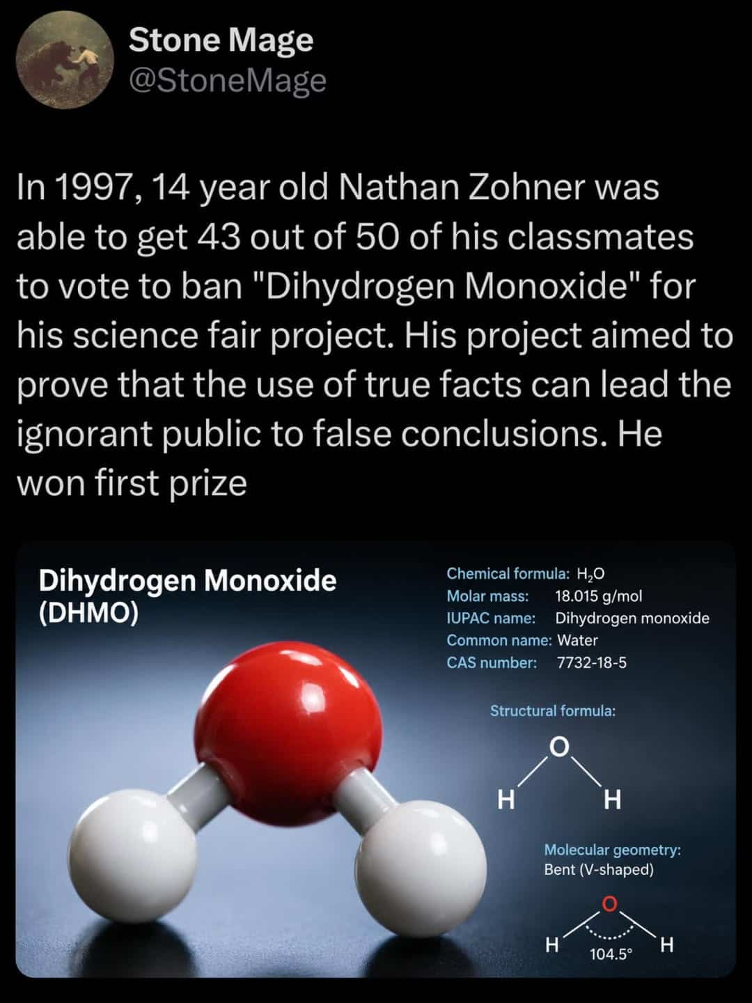 Funny science fair meme about student convincing classmates to vote on banning dihydrogen monoxide water.