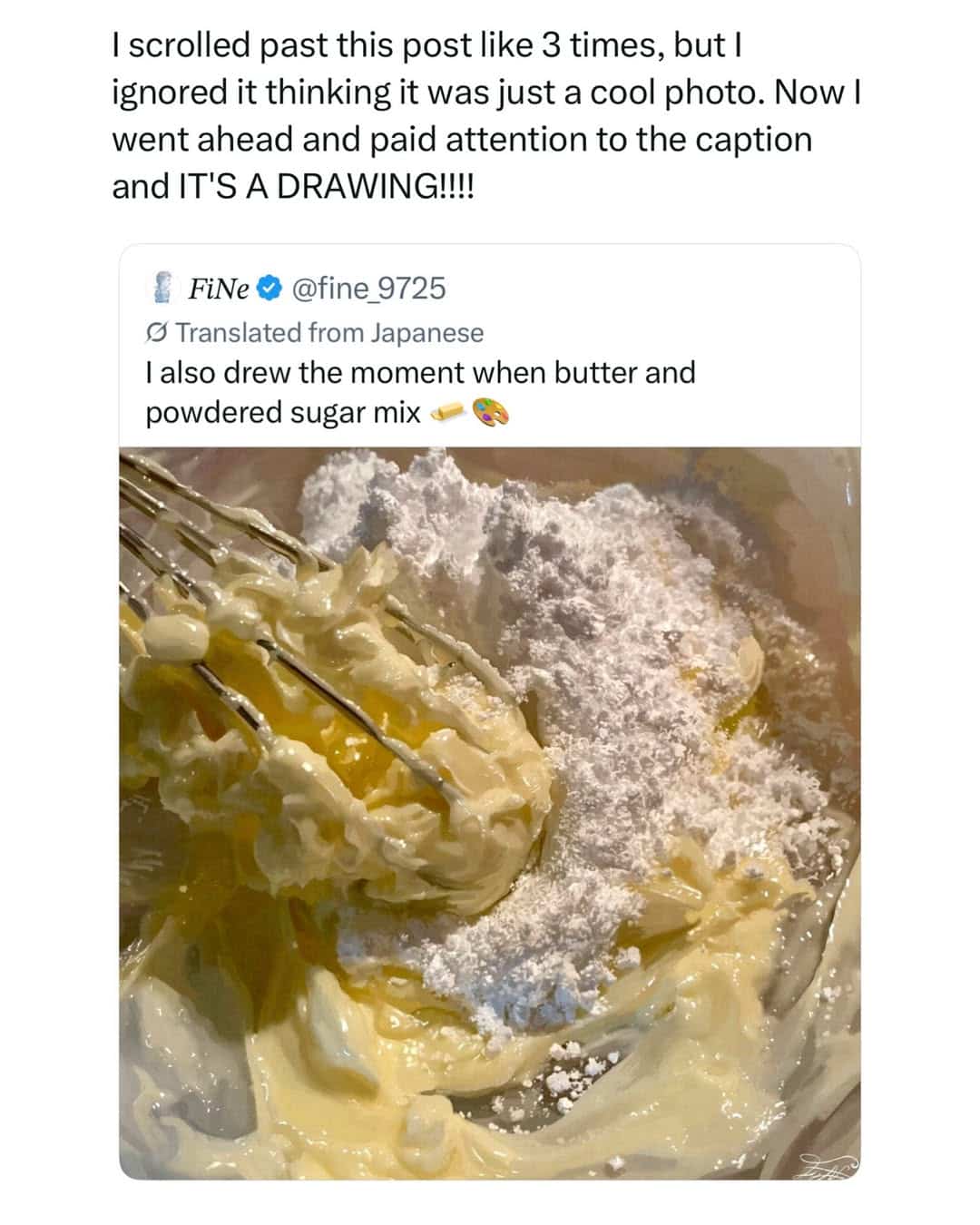 Realistic drawing of butter and powdered sugar mixing together with hand mixer beaters.
