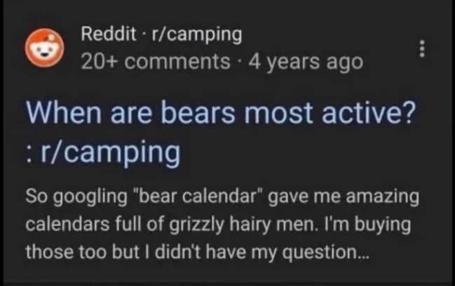 Screenshot of a Reddit post in r/camping discussing a confusing Google search for bear calendar.