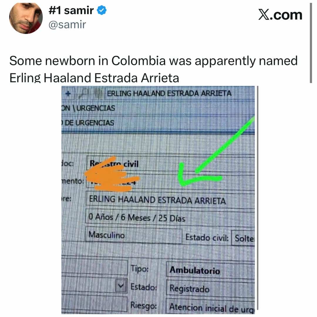 Funny memes tweet showcasing a Colombian birth registry document for a baby named Erling Haaland.
