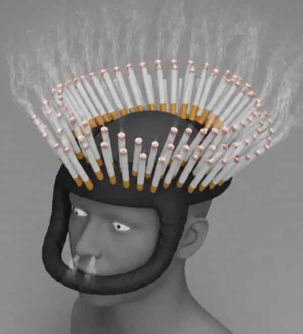 Surreal humor 3D graphic meme showing a grey character wearing a helmet covered in lit cigarettes.