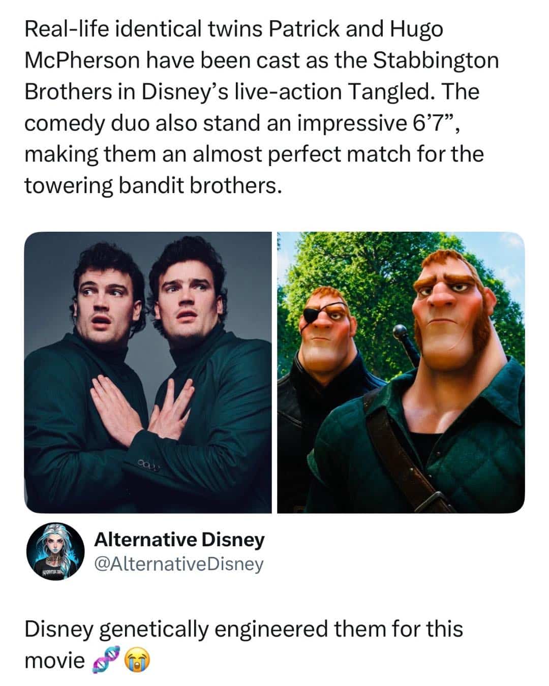 Funny Tangled live action meme comparing identical twin actors to animated Stabbington Brothers characters.