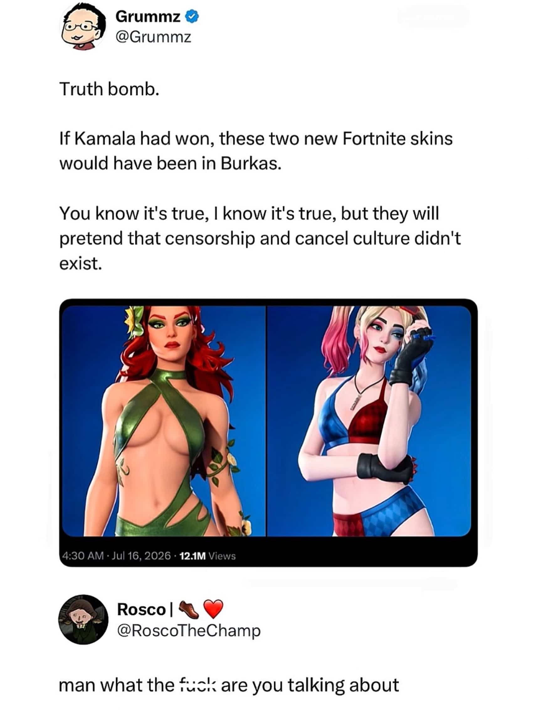 Social media post showing revealing Fortnite skins with a baffled user reply meme.