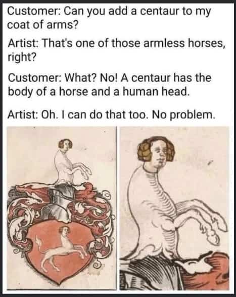Funny medieval coat of arms art showing a horse with a human head meme.