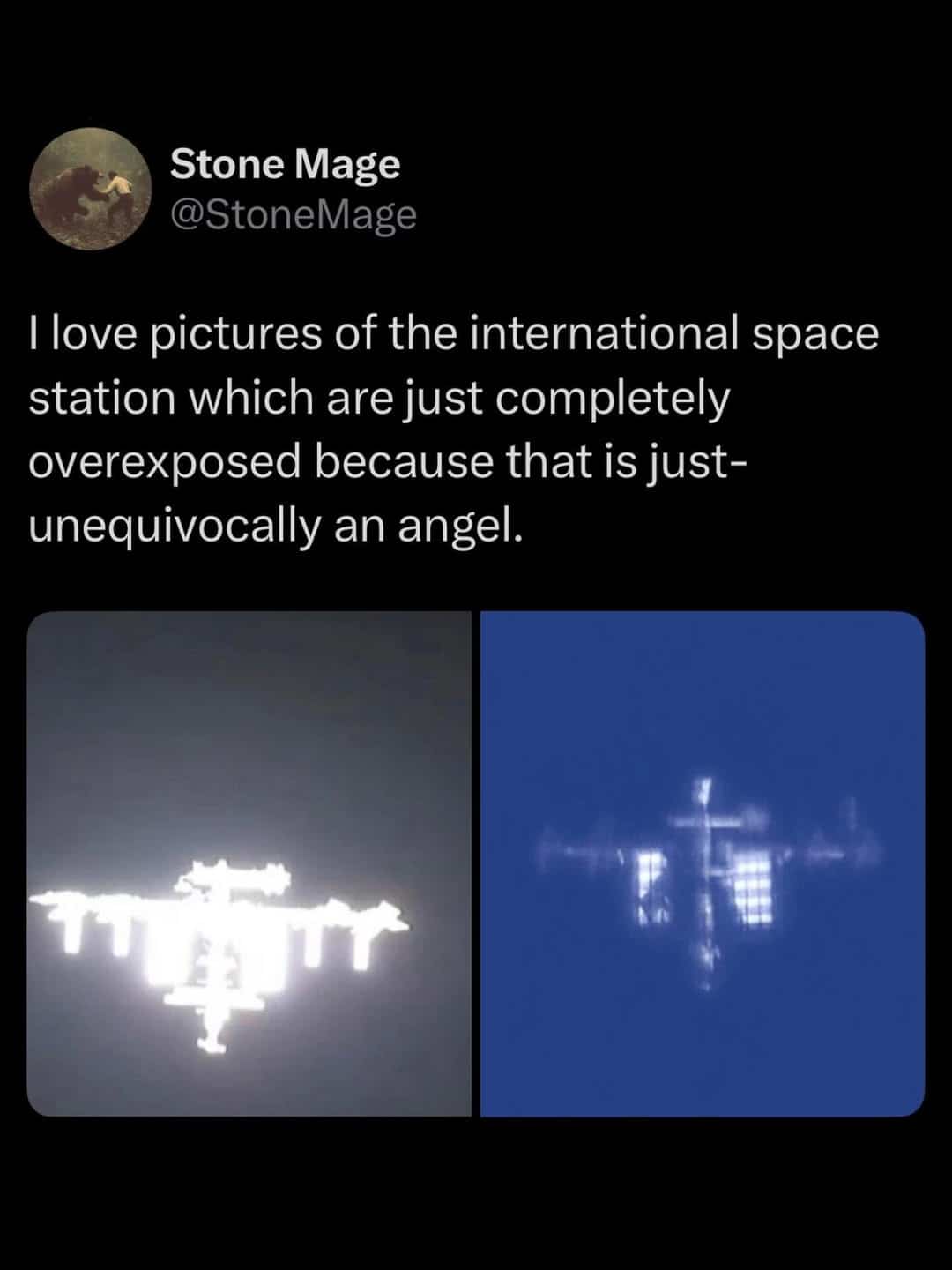 Funny memes post comparing overexposed glowing views of the International Space Station to an angel.