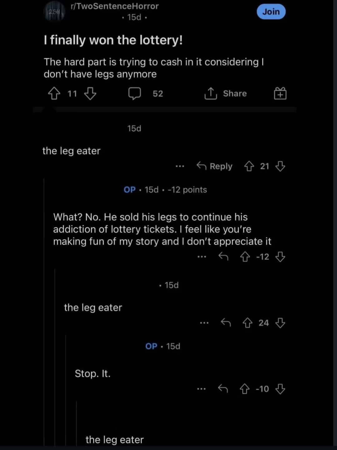 Reddit TwoSentenceHorror thread meme featuring repeated funny comments reading the leg eater.