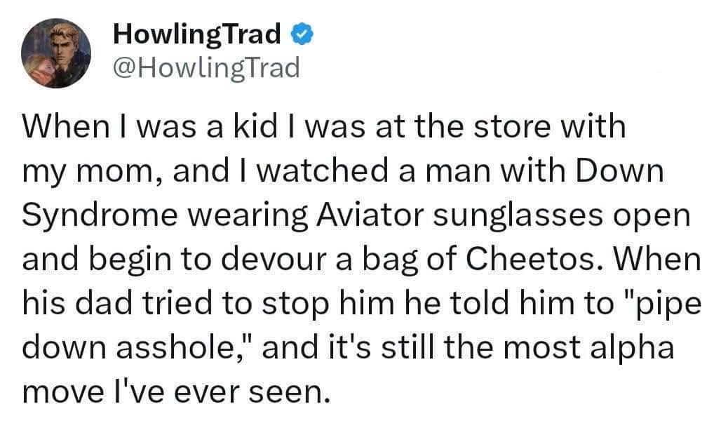 Text post describing a kid with Down Syndrome in aviator sunglasses making an alpha move.