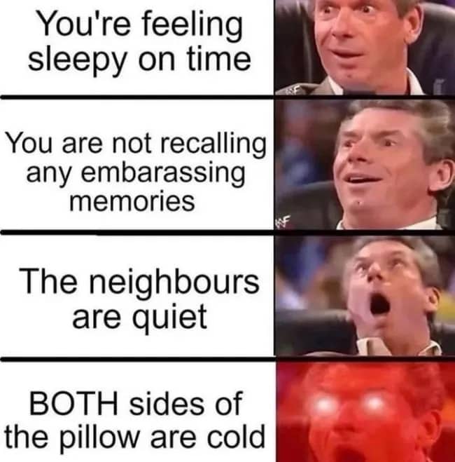 Vince McMahon reaction meme highlighting the perfect conditions for falling asleep easily at night.