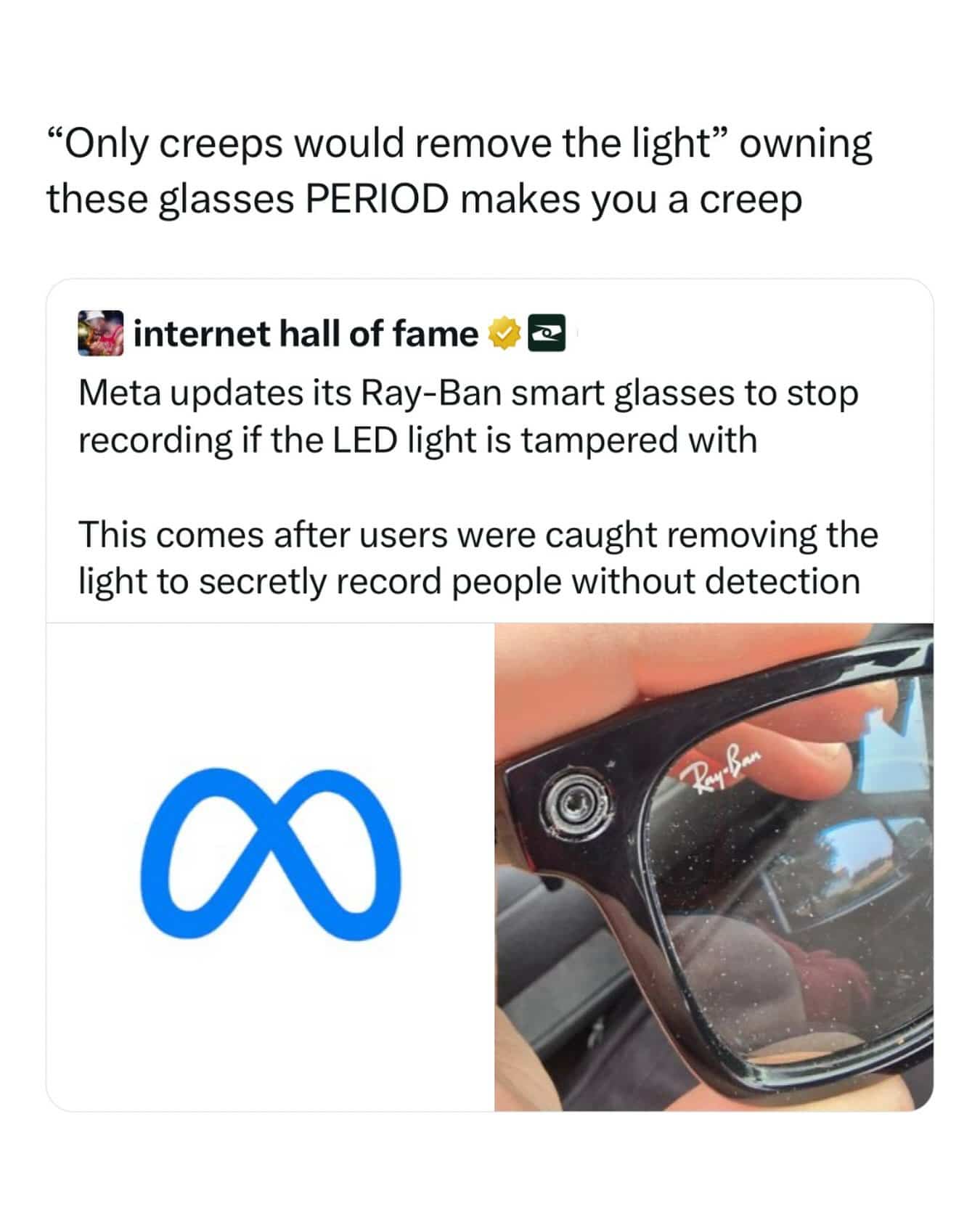 Funny memes news update about Meta smart glasses blocking recording functions if altered by users.