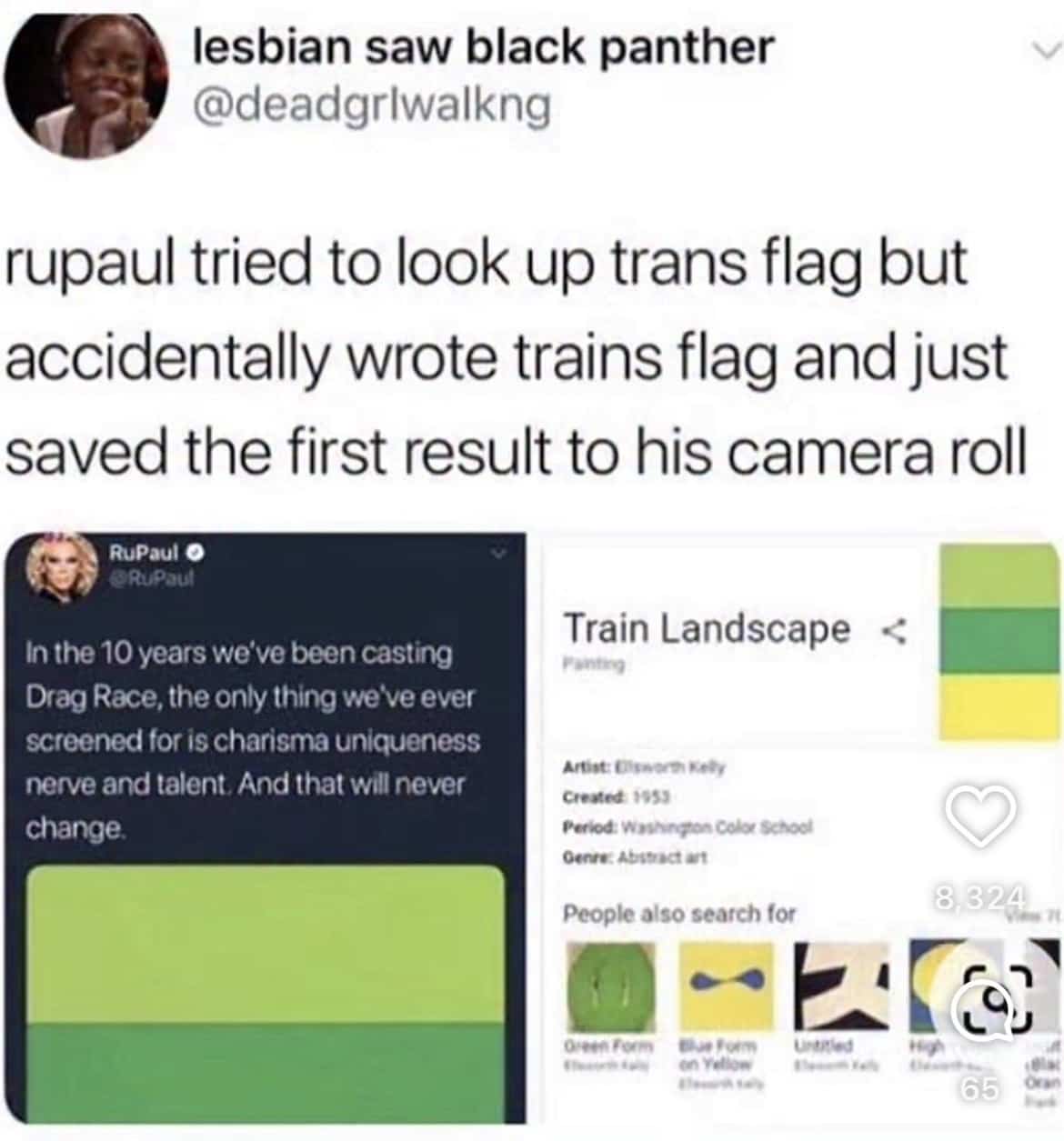 Funny social media meme mocking RuPaul for posting an abstract painting titled Train Landscape by mistake.