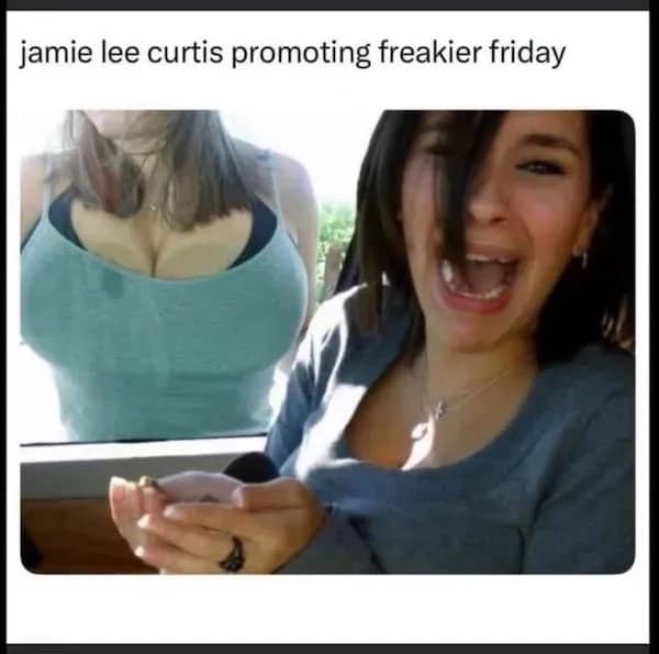Meme showing a woman laughing next to a car window with large breasts pressed against it.