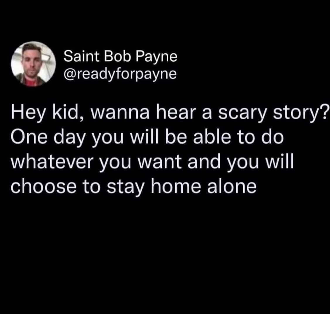 Funny text meme describing the scary reality of growing up and choosing to stay home alone.