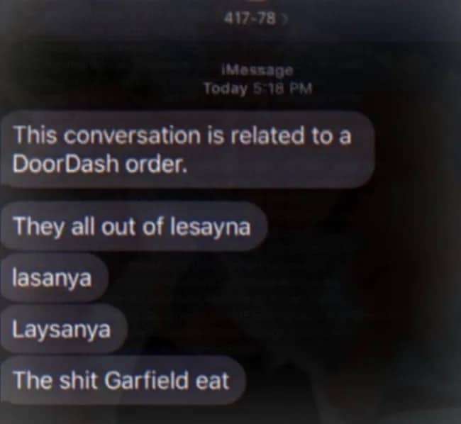 DoorDash iMessage conversation showing multiple funny attempts to spell lasagna before mentioning Garfield.