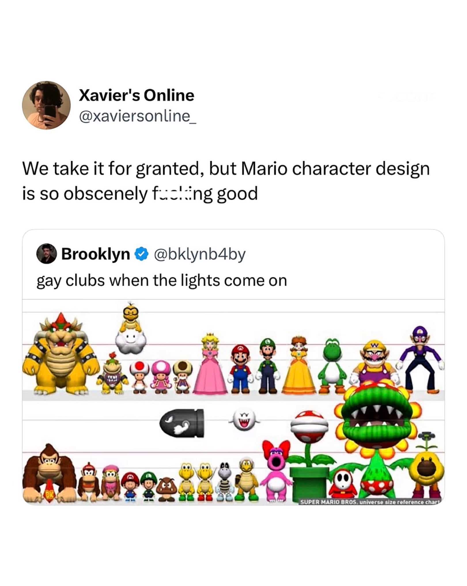 Funny memes lineup of Super Mario Bros characters organized by height on a size chart.