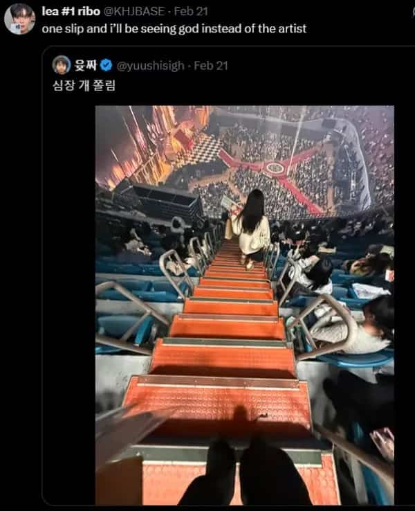Funny concert meme showing dangerously steep stadium stairs with caption about falling to see god.