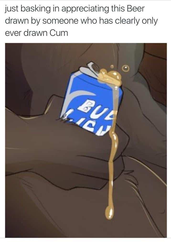 Cartoon illustration of a blue beer can pouring thick liquid over muscle torso.