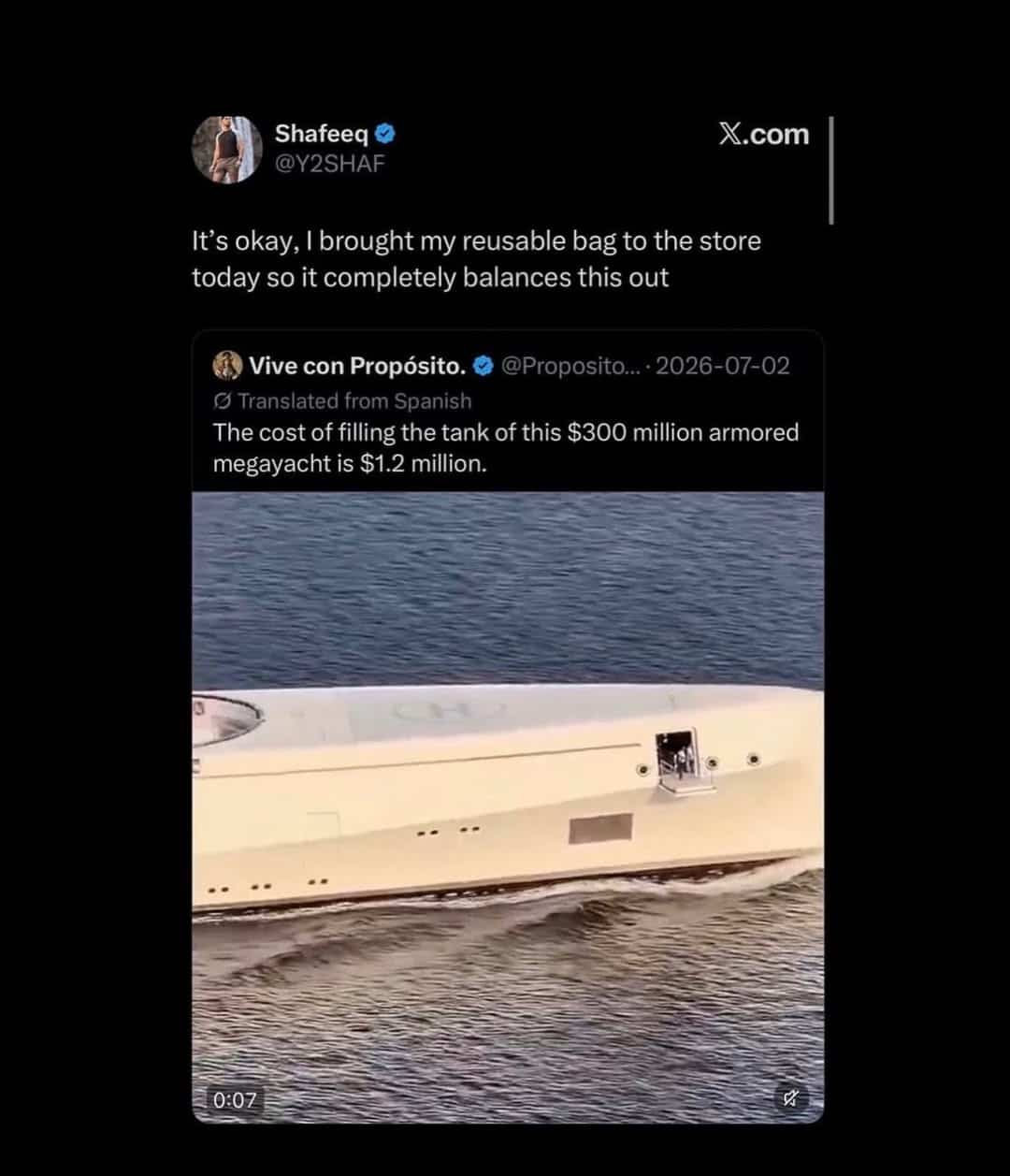 Social media post mocking mega yacht fuel costs compared to personal reusable grocery bags.