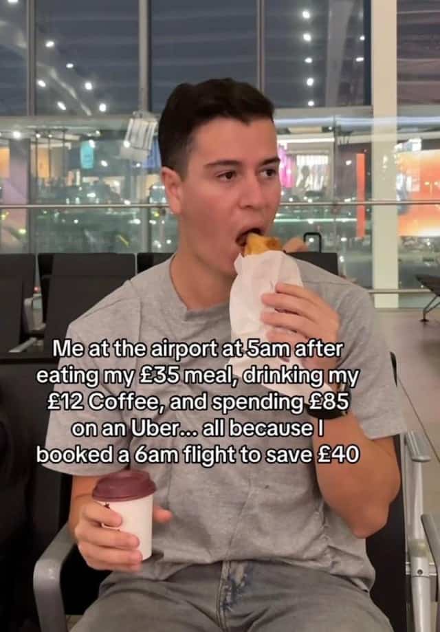 Funny travel meme about spending extra money at airport after booking early cheap flight.