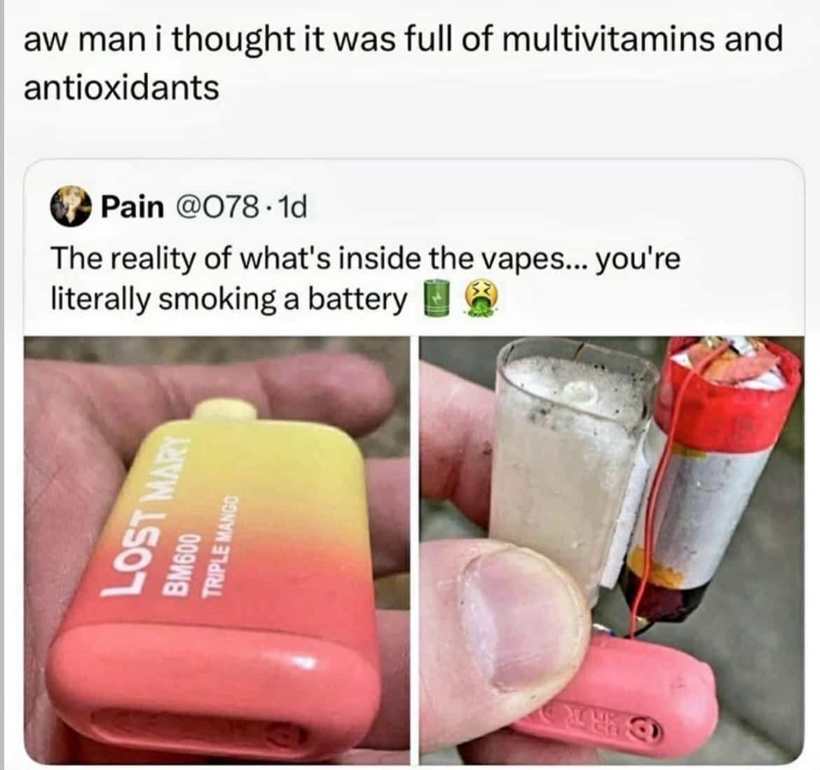 Funny vape meme sarcastically reacting to finding out a disposable vape contains a lithium battery inside