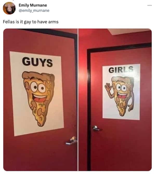 Funny restroom doors showing armless guy pizza slice and arms waving girl pizza slice graphics.
