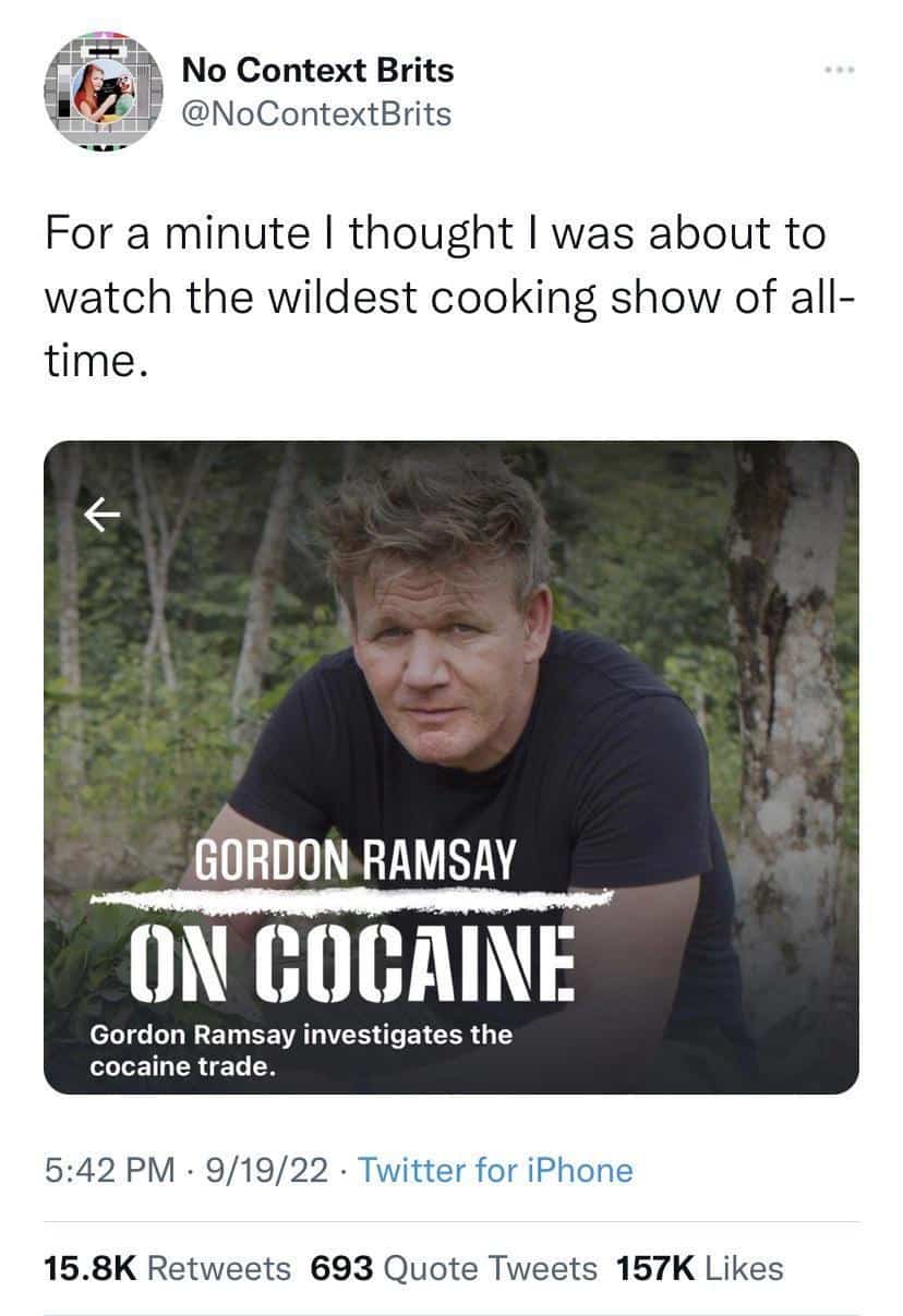 Funny Gordon Ramsay meme mistaking an investigative documentary title for a wild new cooking show.