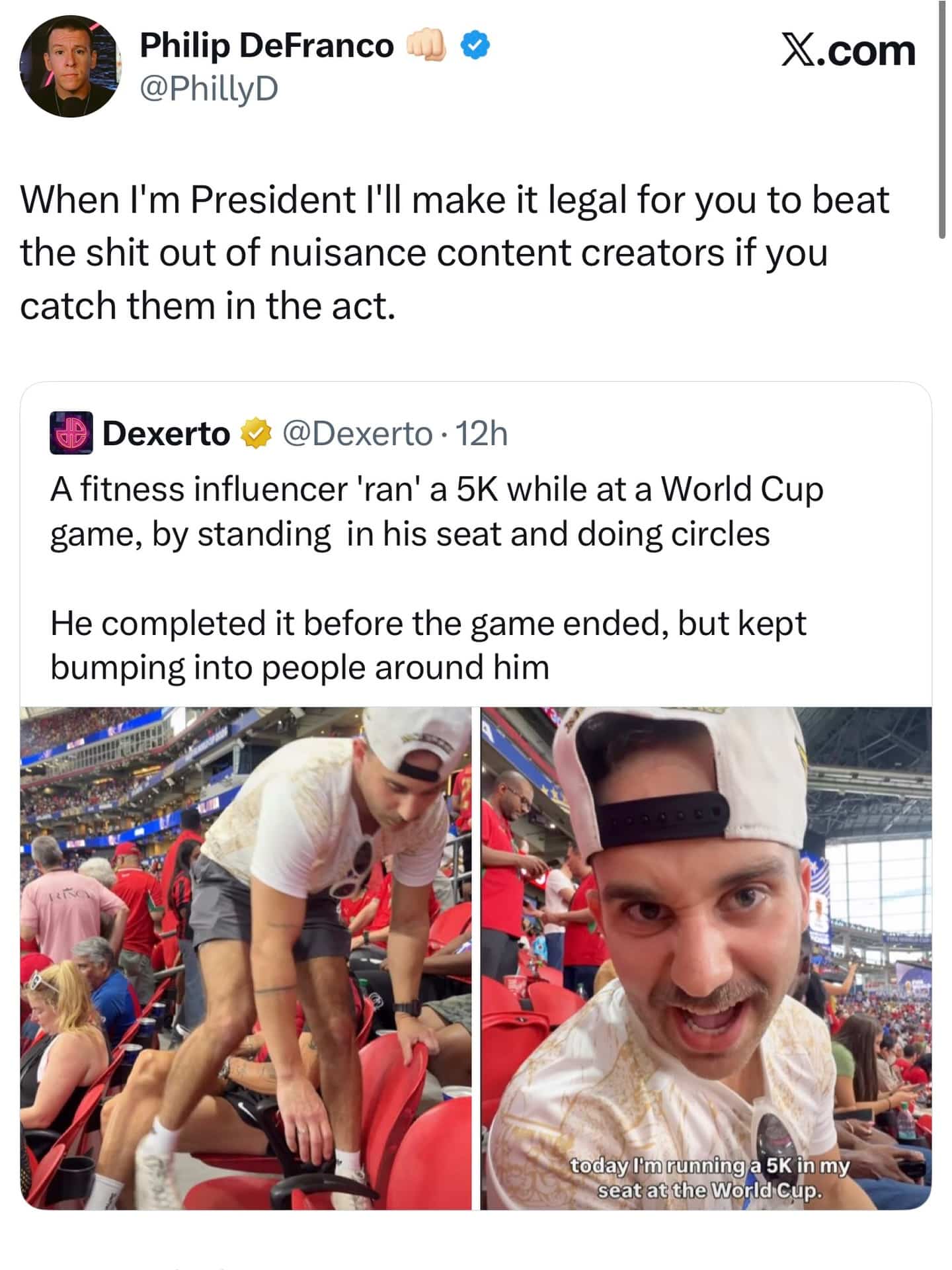 Funny social media meme criticizing an annoying influencer who ran a 5k during a World Cup.