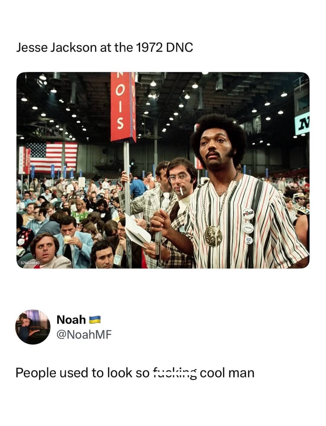Historical photograph of Jesse Jackson at the 1972 DNC with a humorous commentary tweet below.