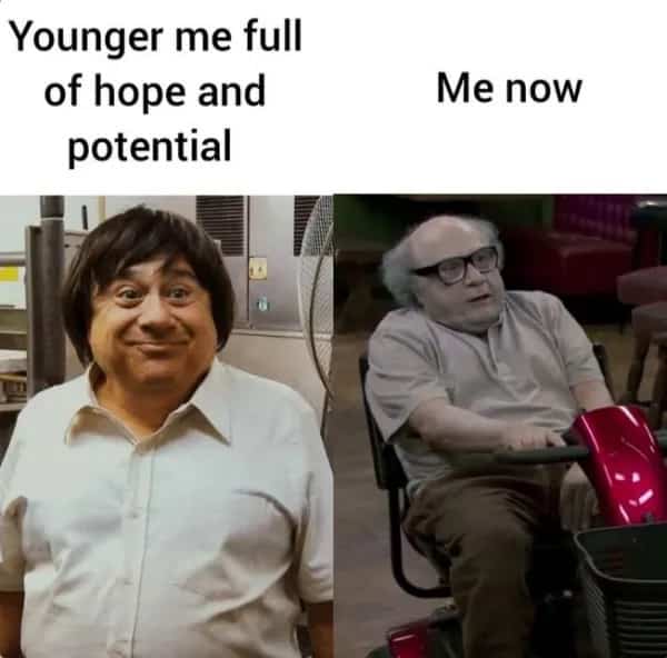 Funny Danny Devito comparison meme comparing a hopeful childhood version of yourself to the present day.