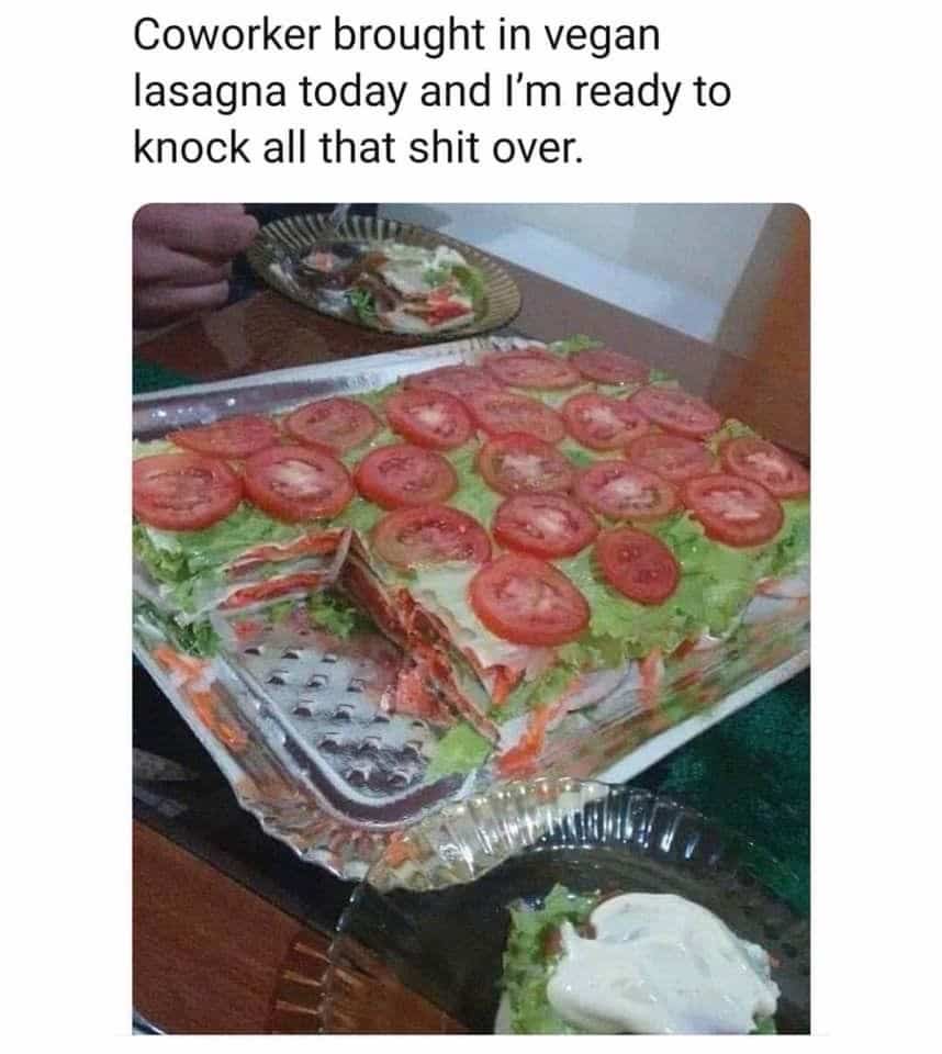 Funny workplace food meme showing a terrible raw vegetable lasagna brought in by a vegan coworker