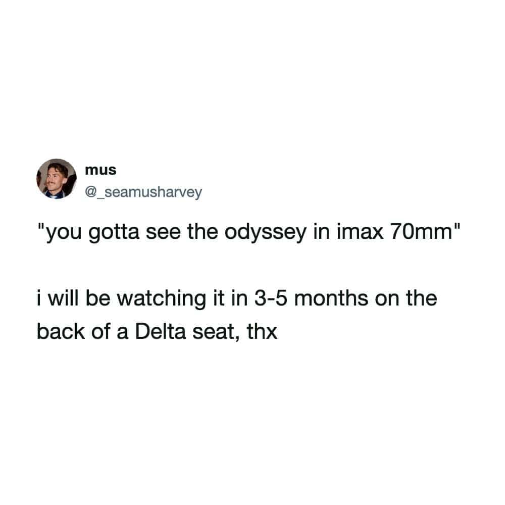 Funny movie meme tweet preference for watching major films on airplane seatback screens.