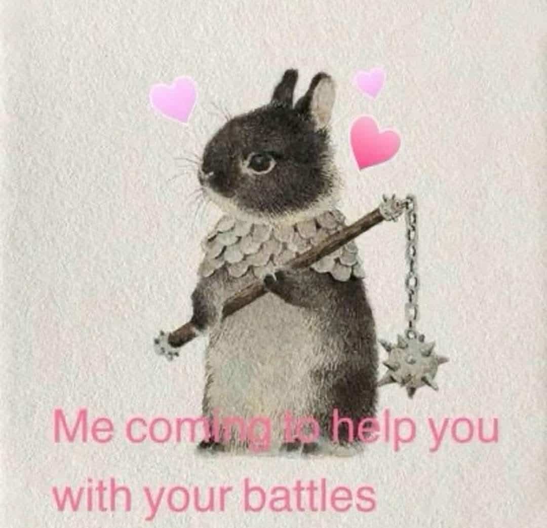 Wholesome battle meme showing a small fluffy black bunny holding a medieval morning star flail.
