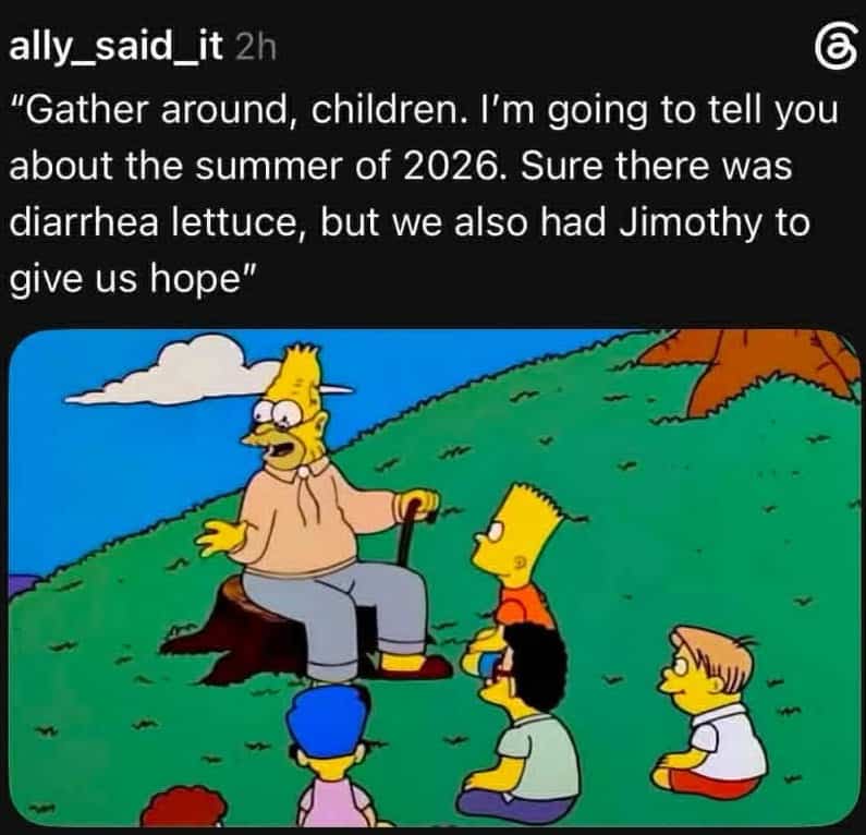 Grandpa Simpson telling stories to children on a grassy hill in a funny meme.