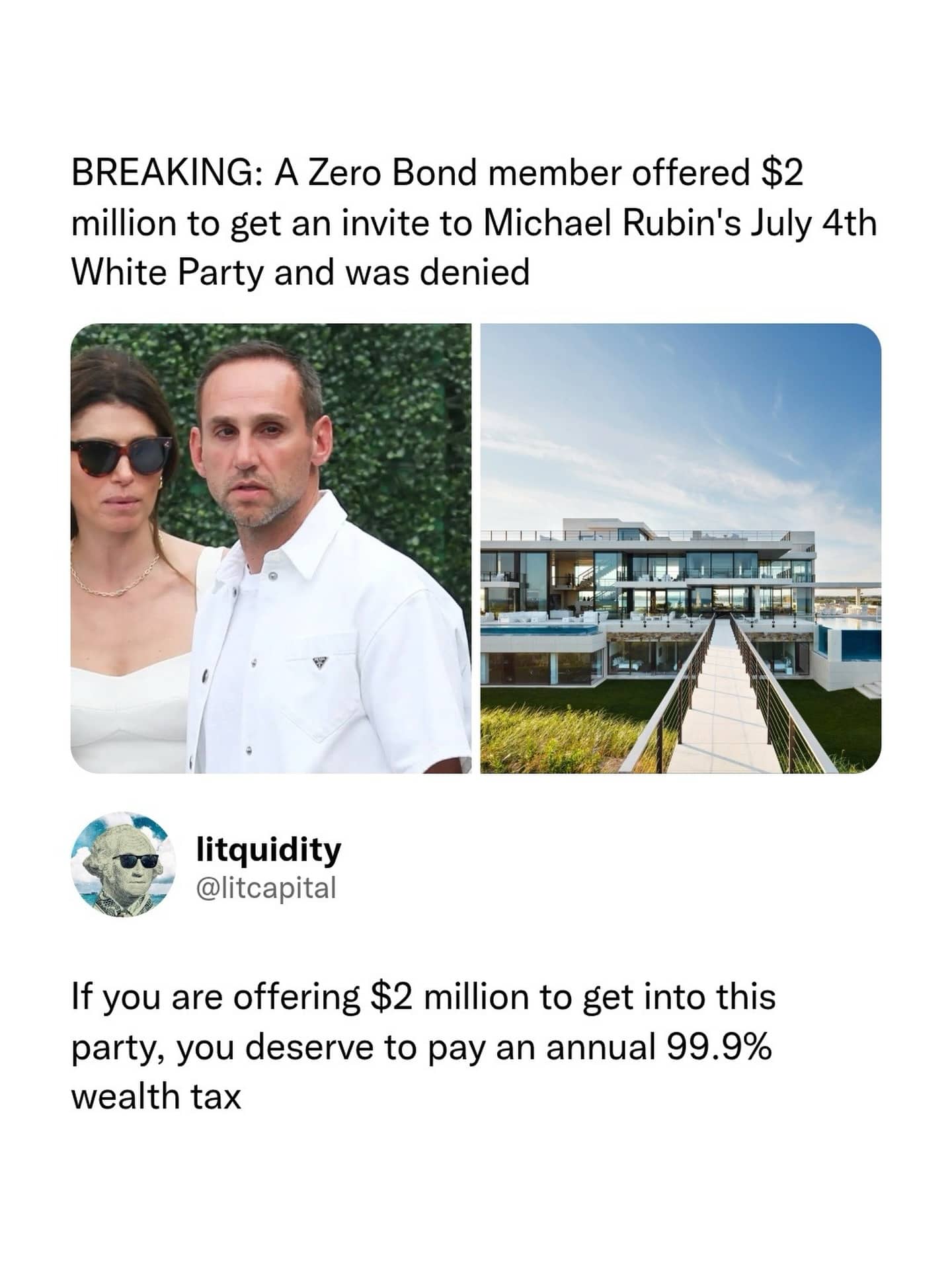 Social media post criticizing someone offering two million dollars to enter a luxury mansion party.