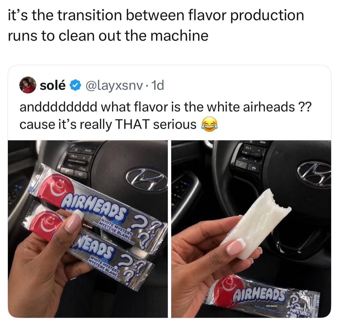 Two-panel image explaining the White Mystery Airheads flavor as a transition between production runs.