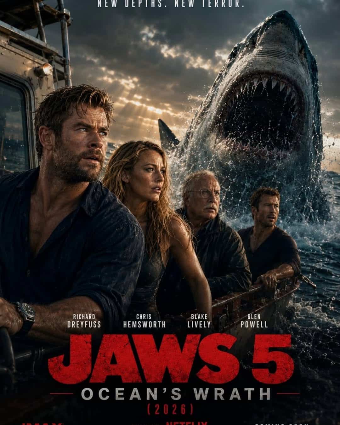 Parody movie poster for Jaws 5 showing actors in a boat escaping a giant shark.