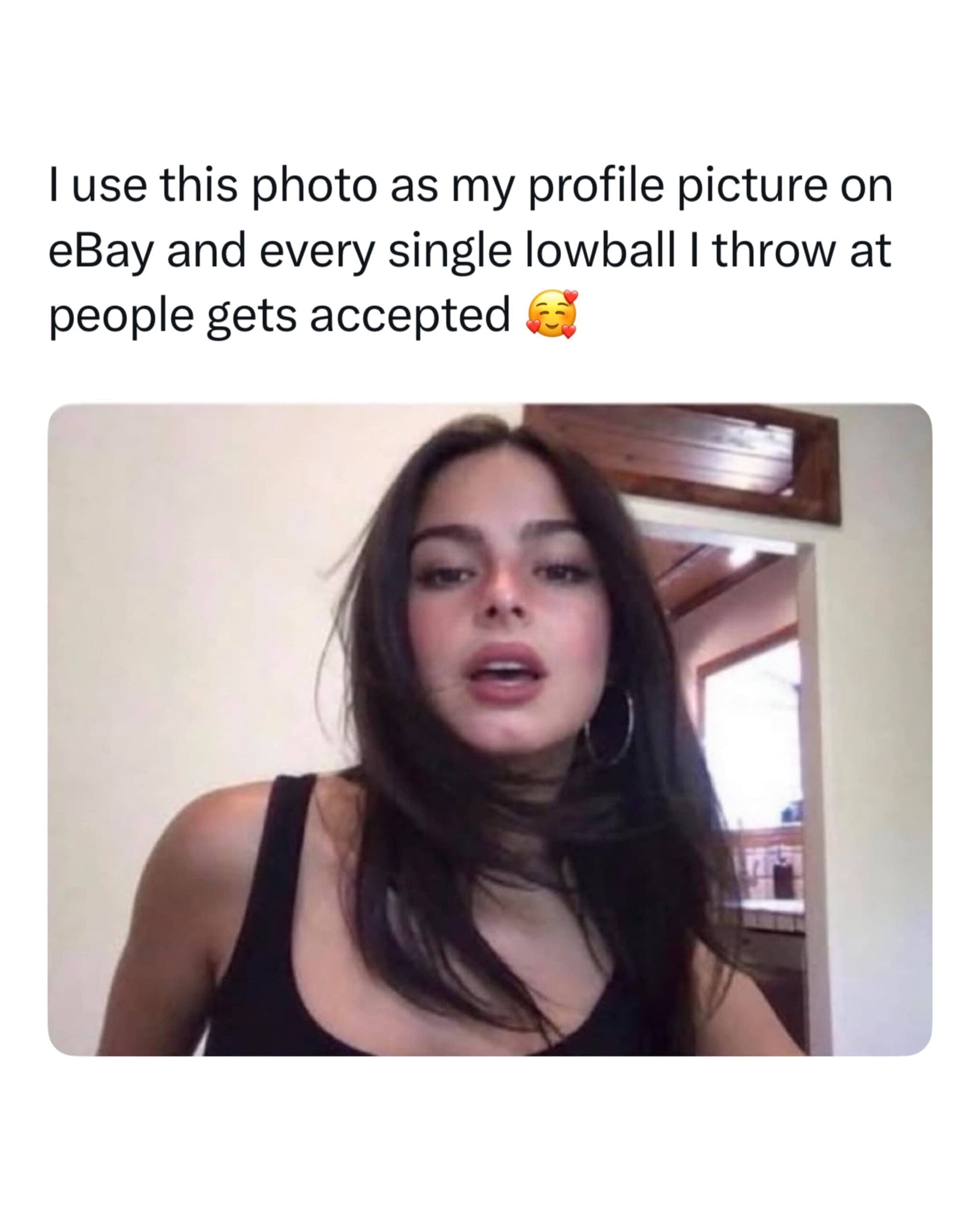 Meme showing an attractive woman's selfie used as an eBay profile picture to get lowball offers accepted.